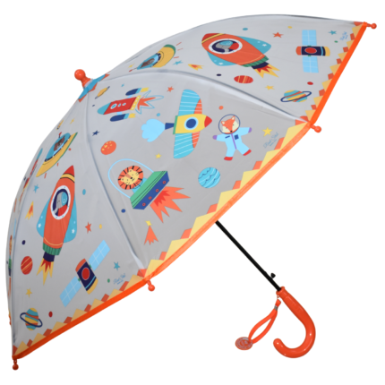 Space Rocket Kids PVC Umbrella with Orange Handle – Cartoon Astronaut Rain Umbrella for Boys & Girls