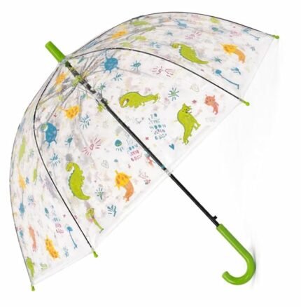 Kids Transparent Dome Umbrella with Dinosaur Print Green Handle