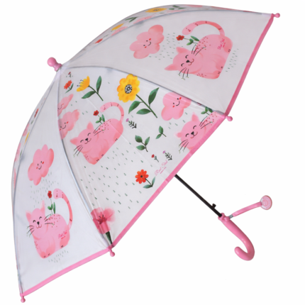 Pink Floral Cat Kids Umbrella – Cute Cartoon Kitty Rain Umbrella for Girls