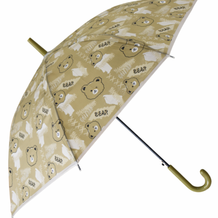 Beige Bear Print Kids PVC Umbrella with Olive Handle – Cute Cartoon Rain Umbrella for Boys & Girls