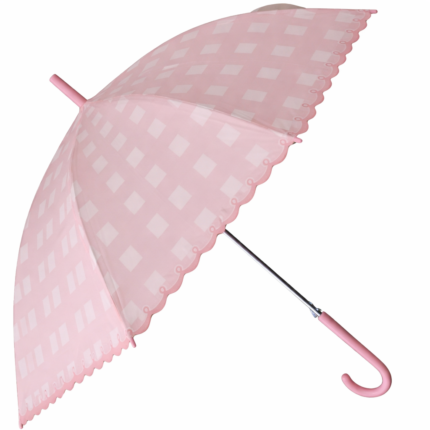 Pink Checkered Kids Umbrella with Scalloped Edge – Cute Rain Umbrella for Girls