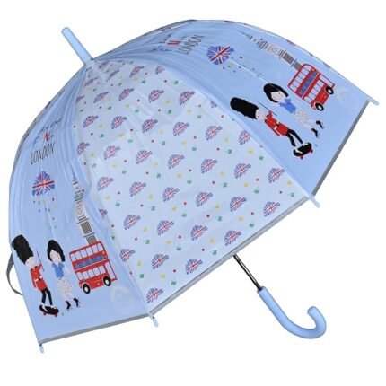 Kids Dome Shape Umbrella - London Bus Print (Light Blue)