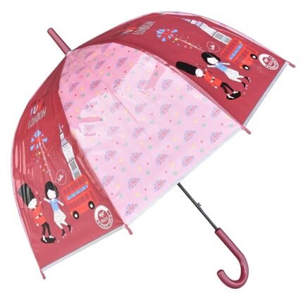 Kids Dome Shape Umbrella - London Bus Print (Light Red)