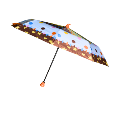 3 Fold Kids Cartoon Umbrella – Brown Polka Dot Design with Orange Handle