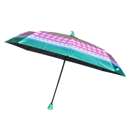 Kids Cartoon 3 Fold Umbrella – Pink Gingham Dog Design with Green Handle