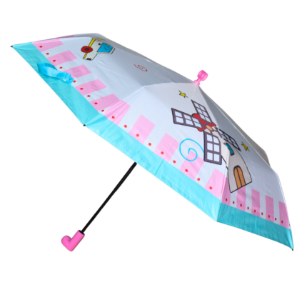 Kids 3 Fold Umbrella – White Cartoon Print with Teal Blue Border & Pink Handle