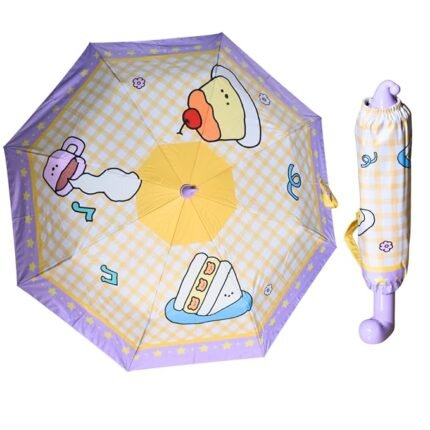 3 Fold Kids Cartoon Umbrella – Yellow Gingham Design with Purple Handle