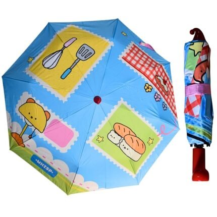 3 Fold Kids Cartoon Umbrella – Blue Kitchen Print with Red Handle