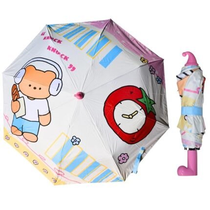 3 Fold Kids Cartoon Umbrella – White Pink Design with Pink Handle