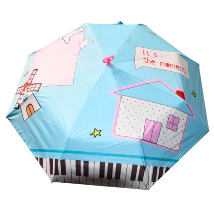 Kids 3 Fold Umbrella – Blue House & Piano Print with Pink Handle